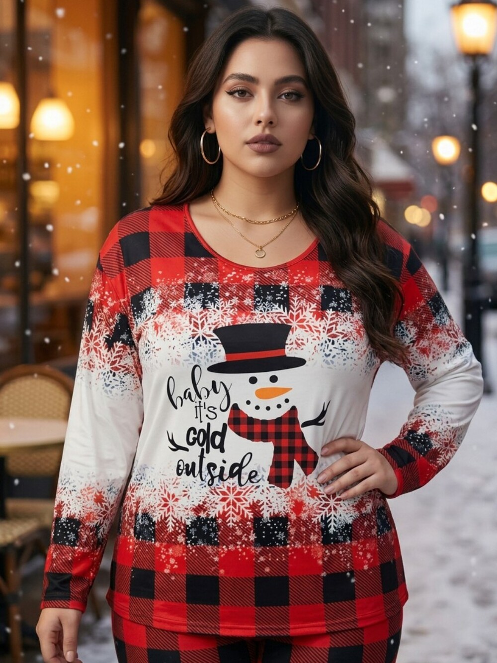 Plus Size Christmas Snowman Top Buffalo Plaid Baby It's Cold Outside 4XL 2X 3X